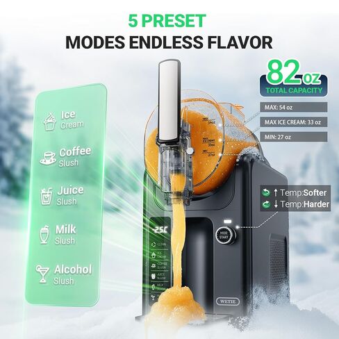 آلة WETIE Slushie، صانعة Slushy سعة 82 أونصة مع درجة حرارة قابلة للتعديل، شاشة LED، تنظيف تلقائي، صانع مشروبات مجمدة 5 في 1 للآيس كريم، Frappés، Milkshake، Margaritas المجمدة، تشغيل 24 ساعة للمنزل in Kuwait