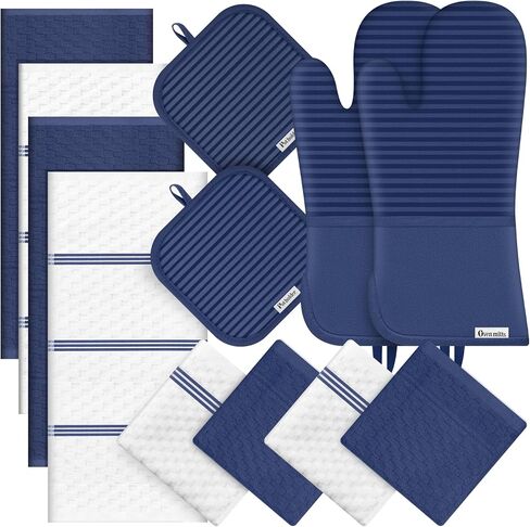 Oven Mitts Kitchen Towels and Dishcloths with Pot Holders Sets, Oven Gloves Hot Pads 500°F Heat Resistant with Silicone Grip, Include 2 Cooking Gloves/2 Potholders/4 Kitchen Towels/4 Dish Towels in Saudi Arabia
