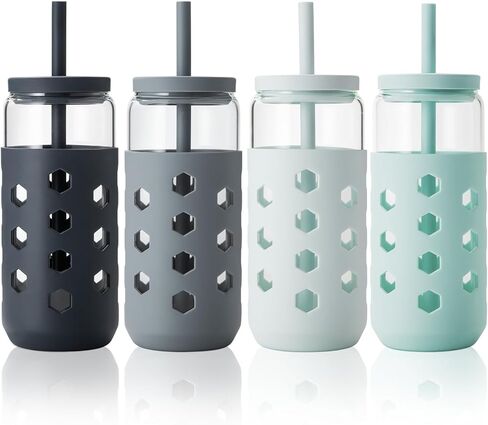 أكواب زجاجية من Mrsdry مع أغطية وقش (4 قطع)، مجموعة أكواب للشرب سعة 16 أونصة مع أكمام من السيليكون لإكسسوارات بار القهوة، فناجين قهوة مثلجة مع أغطية، كوب زجاجي قابل لإعادة الاستخدام للهدايا in Kuwait