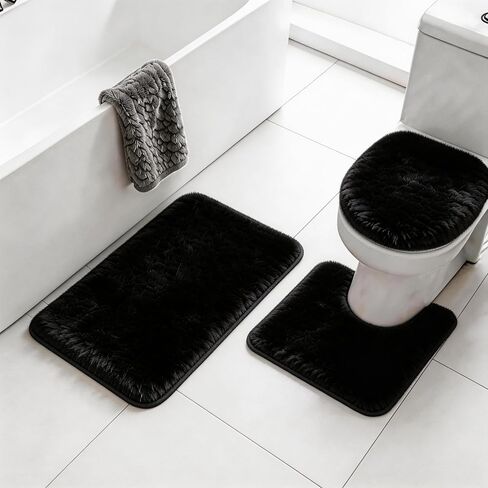 RUN HELIX مجموعات سجاد الحمام الأسود 3 قطع سجادة حمام أشعث، سجادة غير قابلة للانزلاق، سجادة حمام ماصة للماء، سجادة أرضية ناعمة قابلة للغسل مع سجادة محيطية على شكل حرف U، غطاء غطاء المرحاض، إكسسوارات ديكور المنزل in Kuwait