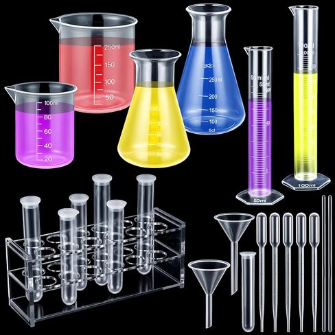 Beakers Test Tubes Set Plastic Beakers Graduated Cylinders Long-Tube Funnels Erlenmeyer Flask Stirring Rods Droppers Plastic Test Tubes with Rack for Science Lab DIY (Large Size,22 Pcs) in Saudi Arabia