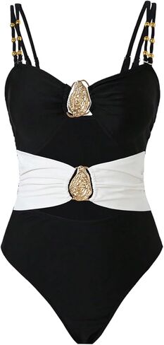 GORGLITTER Women's High Cut Metal One Pieces Swimsuits Modest Tummy Control Bathing Suit Cut Out Color Block Monokini in Saudi Arabia