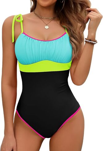 Women One Piece Swimsuit Tummy Control Neon Color Block Strappy Bathing Suit, U Back Tie Shoulder Swimwear in Saudi Arabia