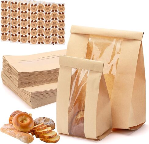 100 Pack Bakery Bags with Window, 2 Size Paper Bread Bags for Homemade Baking Tin Tie Tab Lock Cookie Packaging Bag Paper Cookie Treat Bag for Candies, Goodies 11.8x4.72x3.54/13.78x8.27x3.54 in Saudi Arabia
