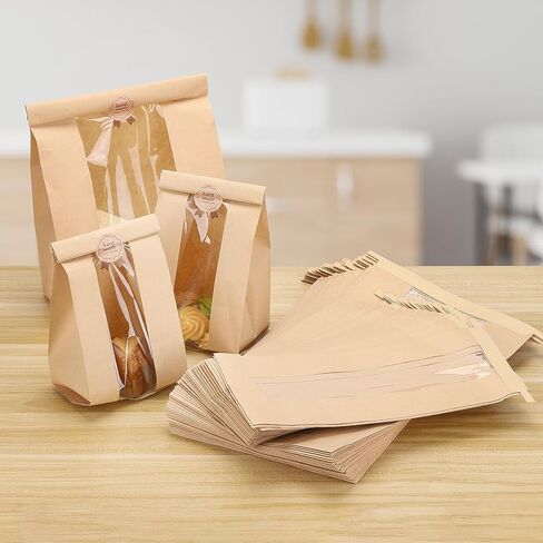 100 Pack Bakery Bags with Window, 2 Size Paper Bread Bags for Homemade Baking Tin Tie Tab Lock Cookie Packaging Bag Paper Cookie Treat Bag for Candies, Goodies 11.8x4.72x3.54/13.78x8.27x3.54 in Saudi Arabia