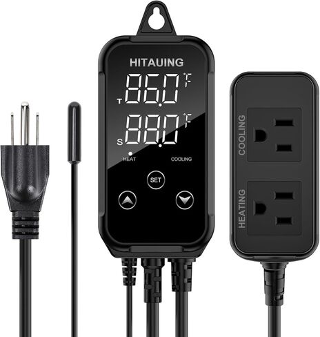 HiTauing Digital Temperature Controller, Aquarium Heater Reptile Thermostat Heating and Cooling Dual Outlet with Seawater-Resistant Probe for Fish Tanks, Reptile Tanks, Greenhouse & Seedling Mat in Kuwait