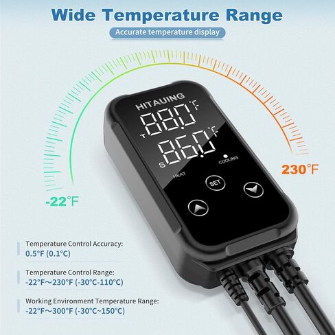 HiTauing Digital Temperature Controller, Aquarium Heater Reptile Thermostat Heating and Cooling Dual Outlet with Seawater-Resistant Probe for Fish Tanks, Reptile Tanks, Greenhouse & Seedling Mat in Kuwait