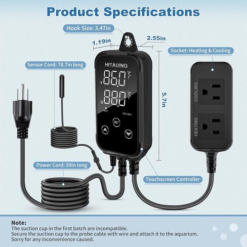 HiTauing Digital Temperature Controller, Aquarium Heater Reptile Thermostat Heating and Cooling Dual Outlet with Seawater-Resistant Probe for Fish Tanks, Reptile Tanks, Greenhouse & Seedling Mat in Kuwait