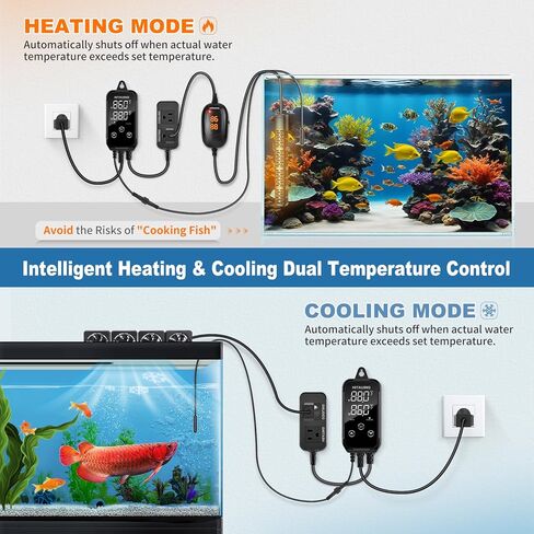 HiTauing Digital Temperature Controller, Aquarium Heater Reptile Thermostat Heating and Cooling Dual Outlet with Seawater-Resistant Probe for Fish Tanks, Reptile Tanks, Greenhouse & Seedling Mat in Kuwait