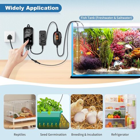 HiTauing Digital Temperature Controller, Aquarium Heater Reptile Thermostat Heating and Cooling Dual Outlet with Seawater-Resistant Probe for Fish Tanks, Reptile Tanks, Greenhouse & Seedling Mat in Kuwait