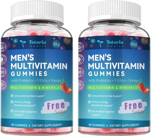 Totaria Sugar Free Men's Multivitamin Gummy with Omega 3, Probiotics, EAAs, Daily Methylated Vitamin B Complex w/Lycopene, Zinc, Support Energy Metabolism, Immune, Heart, Strawberry Flavor, 60 Ct in Saudi Arabia