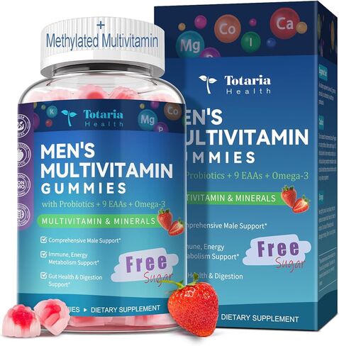 Totaria Sugar Free Men's Multivitamin Gummy with Omega 3, Probiotics, EAAs, Daily Methylated Vitamin B Complex w/Lycopene, Zinc, Support Energy Metabolism, Immune, Heart, Strawberry Flavor, 60 Ct in Saudi Arabia