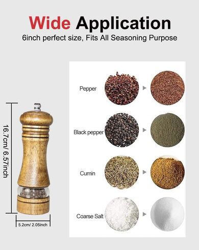 مطحنة الفلفل مطحنة الملح مطحنة الفلفل الخشبية مع خشنة قابلة للتعديل، 6 بوصة خشبية قابلة لإعادة الملء مطحنة الفلفل اليدوية مطحنة الفلفل للفلفل الأسود، سهلة التنظيف in Kuwait