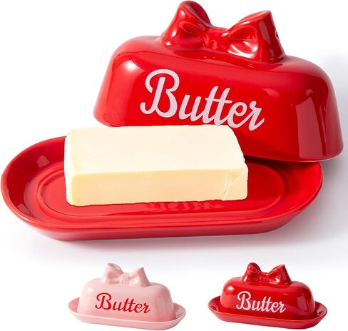 Ceramic Red Butter Dish with Lid, Cute Bow Butter Holder, Covered Butter Container for Refrigerator, Porcelain Butter Keeper, Girly Kitchen Decor, Gift for Women (Red, Standard) in Saudi Arabia