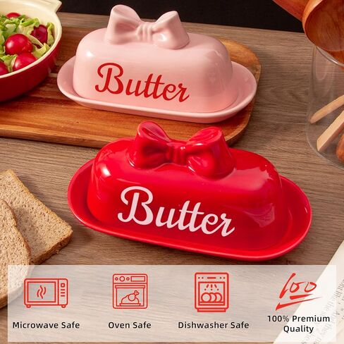 Ceramic Red Butter Dish with Lid, Cute Bow Butter Holder, Covered Butter Container for Refrigerator, Porcelain Butter Keeper, Girly Kitchen Decor, Gift for Women (Red, Standard) in Saudi Arabia