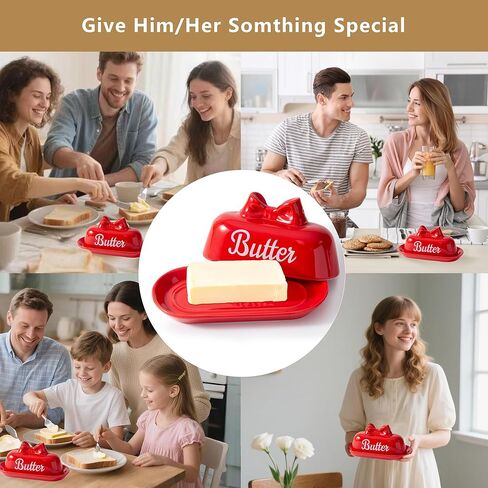 Ceramic Red Butter Dish with Lid, Cute Bow Butter Holder, Covered Butter Container for Refrigerator, Porcelain Butter Keeper, Girly Kitchen Decor, Gift for Women (Red, Standard) in Saudi Arabia