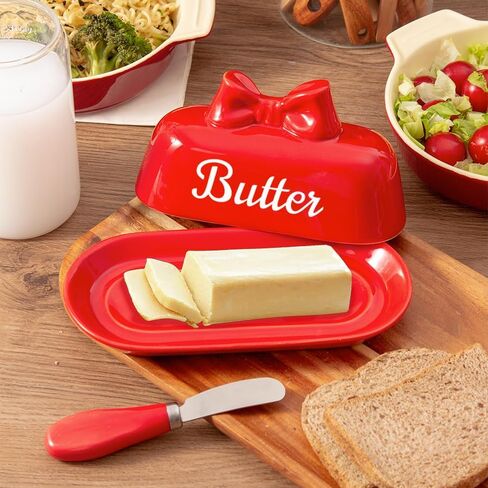 Ceramic Red Butter Dish with Lid, Cute Bow Butter Holder, Covered Butter Container for Refrigerator, Porcelain Butter Keeper, Girly Kitchen Decor, Gift for Women (Red, Standard) in Saudi Arabia