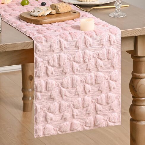 Artoid Mode Pink Soft Plush Faux Fur Jacquard Bows Table Runner, Valentine's Kitchen Dining Table Decoration for Home Party Decor 13x72 Inch in Saudi Arabia