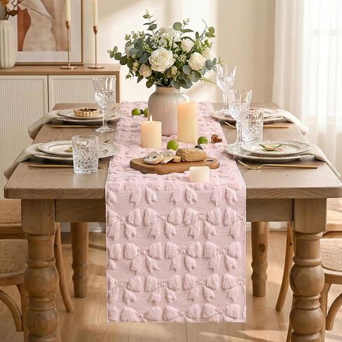 Artoid Mode Pink Soft Plush Faux Fur Jacquard Bows Table Runner, Valentine's Kitchen Dining Table Decoration for Home Party Decor 13x72 Inch in Saudi Arabia