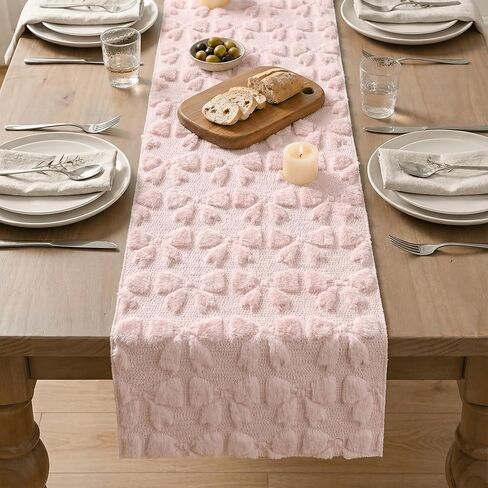 Artoid Mode Pink Soft Plush Faux Fur Jacquard Bows Table Runner, Valentine's Kitchen Dining Table Decoration for Home Party Decor 13x72 Inch in Saudi Arabia