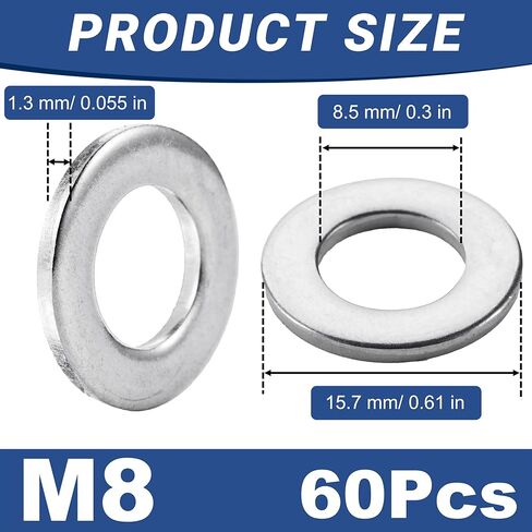 60 Pcs M8 Flat Washer Stainless, 0.61" Outside Diameter, 0.055" Thickness, Stainless Steel Washers Flat, Aperture is Also Suitable for 5/16" Bolts (60, M8) in Saudi Arabia