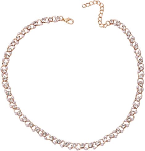 Gold Pearl Crystal Charming Necklace for Wedding Birdes,Bling Sparkling Rhinestone Choker Necklace for Women,Dainty Shiny Short Neck Jewelry in Saudi Arabia