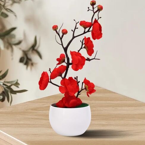 1PC Artificial Plum Blossom Potted Plants Plastic Fake Plant Bonsai Home Office Garden Desktop Decoration,28 * 11cm (White) in Saudi Arabia