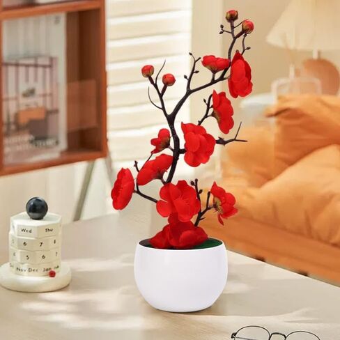 1PC Artificial Plum Blossom Potted Plants Plastic Fake Plant Bonsai Home Office Garden Desktop Decoration,28 * 11cm (White) in Saudi Arabia