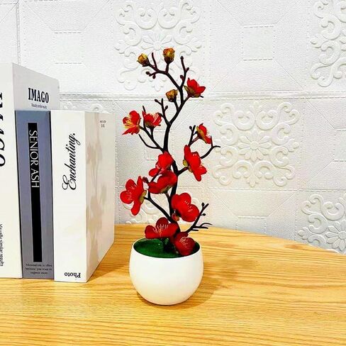 1PC Artificial Plum Blossom Potted Plants Plastic Fake Plant Bonsai Home Office Garden Desktop Decoration,28 * 11cm (White) in Saudi Arabia