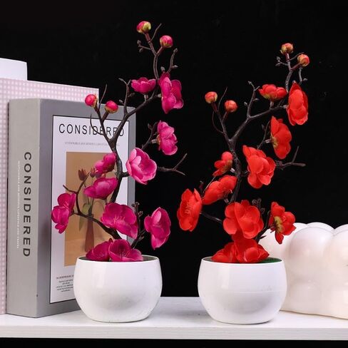 1PC Artificial Plum Blossom Potted Plants Plastic Fake Plant Bonsai Home Office Garden Desktop Decoration,28 * 11cm (White) in Saudi Arabia