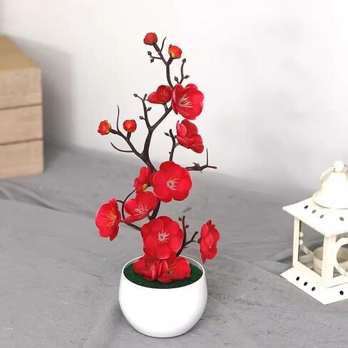 1PC Artificial Plum Blossom Potted Plants Plastic Fake Plant Bonsai Home Office Garden Desktop Decoration,28 * 11cm (White) in Saudi Arabia