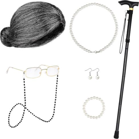 Apoway 100 Days of School 9-Piece Old Lady Wig Costume Set Grandma Dress Up Cap Glasses Cane Pearl Necklace Bracelet Earrings in Kuwait