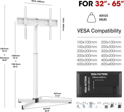 منصة تلفزيون أرضية دوارة حديثة من 32-65 بوصة تصل إلى 88 رطلاً ، و 12 مستويات قابلة للتعديل مع إمالة ، ومساحة للتلفزيون ، حامل غرفة المعيشة/غرفة نوم ، قاعدة حديدية ، أقصى VESA 600x400mm in Kuwait