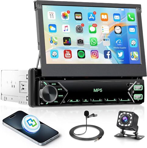 Single Din Flip Out Stereo Touchnens Stereo ، استريو سيارة 7 بوصات مع استقبال صوت Bluetooth Car ، كاميرا احتياطية ، راديو FM/Link/USB/AUX/TF/Type-C الشحن السريع in Kuwait