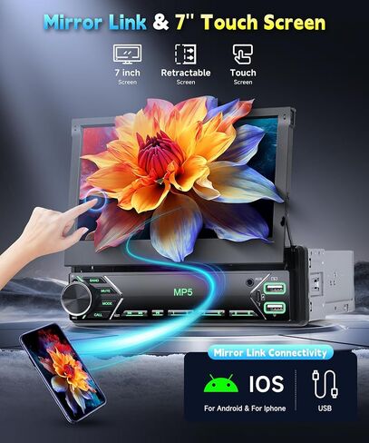 Single Din Flip Out Stereo Touchnens Stereo ، استريو سيارة 7 بوصات مع استقبال صوت Bluetooth Car ، كاميرا احتياطية ، راديو FM/Link/USB/AUX/TF/Type-C الشحن السريع in Kuwait