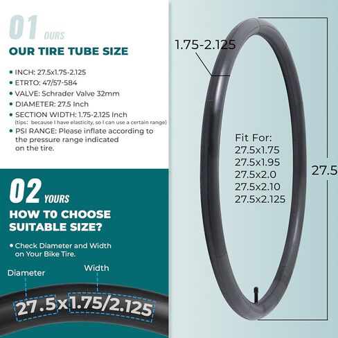 قطعتان، أنابيب دراجة ممتازة 27.5X1.75/1.90/1.95/2.0/2.10/2.125، متوافقة مع إطارات الدراجة 27.5x1.75 إلى 2.125، مع صمام شريدر 32 مم، مطاط البوتيل، تستخدم للدراجات الجبلية والطراد والمدينة والطرق in Kuwait