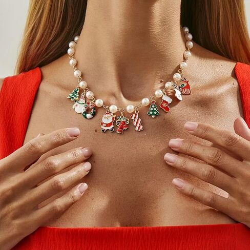 مجموعة مجوهرات عيد الميلاد للنساء - أقراط عيد الميلاد، سوار، قلادة ثلاثية وقلادة من اللؤلؤ مع قلادة احتفالية | مجوهرات حفلات العطلات الاحتفالية، هدية زينة عيد الميلاد للنساء in Kuwait