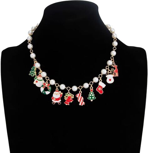 مجموعة مجوهرات عيد الميلاد للنساء - أقراط عيد الميلاد، سوار، قلادة ثلاثية وقلادة من اللؤلؤ مع قلادة احتفالية | مجوهرات حفلات العطلات الاحتفالية، هدية زينة عيد الميلاد للنساء in Kuwait