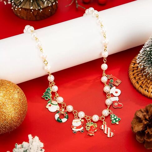 مجموعة مجوهرات عيد الميلاد للنساء - أقراط عيد الميلاد، سوار، قلادة ثلاثية وقلادة من اللؤلؤ مع قلادة احتفالية | مجوهرات حفلات العطلات الاحتفالية، هدية زينة عيد الميلاد للنساء in Kuwait