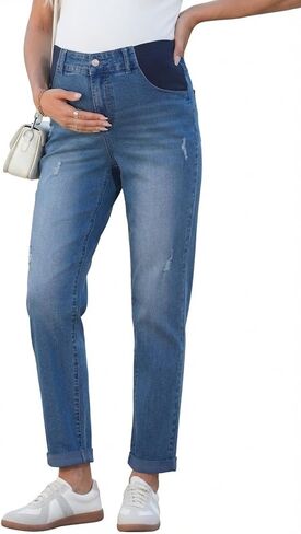 BLENCOT Maternity Jeans High Rise Stretchy Waistband Straight Leg | Pregnancy Clothes Cuffed Jean, Ankle-Length Distressed Summer, Casual Denim Office Pants in Saudi Arabia