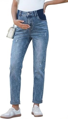 BLENCOT Women Maternity Jeans Elastic Waist Skinny Cuffed Ripped Pregnancy Cropped Pants in Saudi Arabia