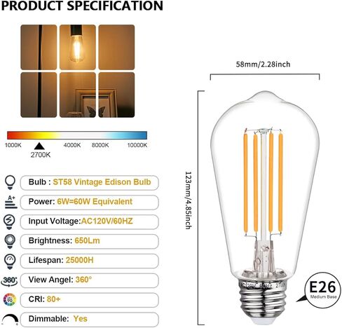 BORT 4Pack ST58/ST19 لمبات LED Edison عتيقة، أبيض دافئ 2700K، 6W يعادل 60W لمبات إضاءة LED، قابلة للتعتيم 700LM، E26 لمبة إضاءة زخرفية in Kuwait
