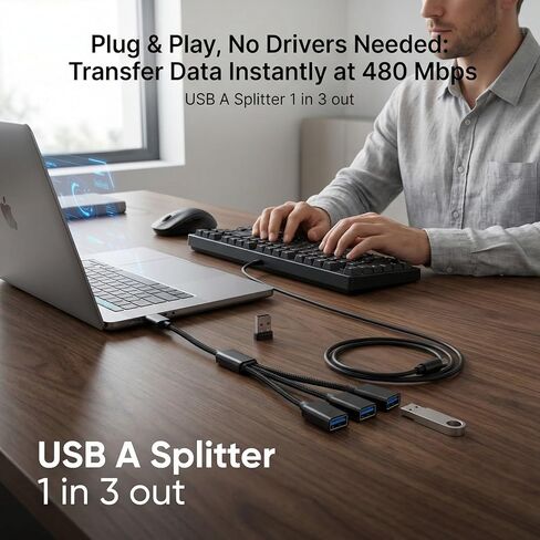 مقسم USB 1 في 3 مخرج، محول USB A، كابل محور تمديد USB 2.0 ذكر إلى 3 أنثى Y للكمبيوتر/الكمبيوتر المحمول/Xbox/محرك فلاش/الماوس/لوحة المفاتيح (أسود) in Kuwait