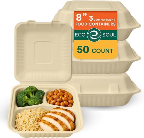 حاويات طعام قابلة للتحلل بنسبة 100% من ECO SOUL [8X8 50-Pack] 3 أقسام شديدة التحمل يمكن التخلص منها، حاويات طعام صديقة للبيئة وقابلة للتحلل البيولوجي مع غطاء in Kuwait
