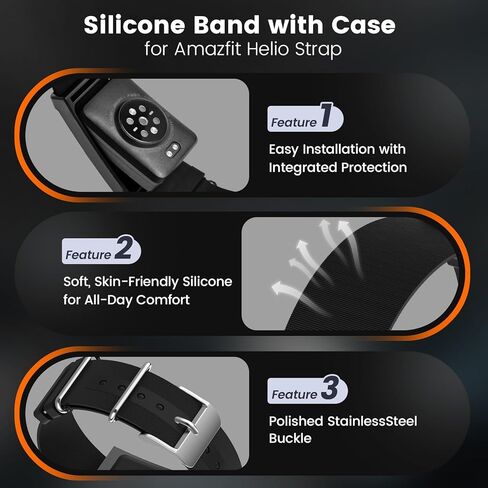 حزام سيليكون مع إطار غطاء واقي لحزام Amazfit Helio | سوار معصم بديل من قطعة واحدة | حزام رياضي مرن مقاوم للماء لجهاز تتبع حزام هيليو in Kuwait