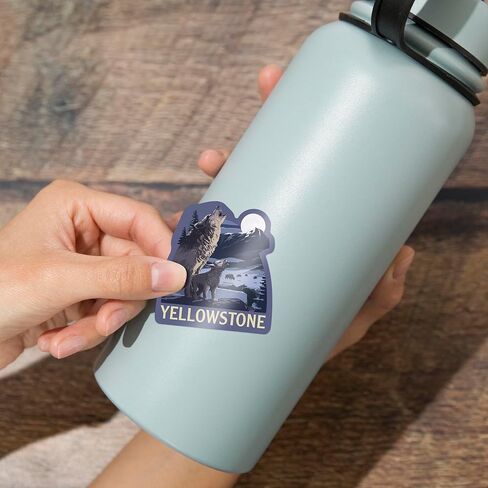 Lantern Press Sticker Yellowstone National Park, Wyoming, Wolves and Full Moon, Die Cut Vinyl, (Waterproof Decal for Cars, Water Bottles, Laptops, Coolers), Small in Saudi Arabia