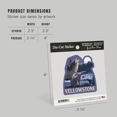 Lantern Press Sticker Yellowstone National Park, Wyoming, Wolves and Full Moon, Die Cut Vinyl, (Waterproof Decal for Cars, Water Bottles, Laptops, Coolers), Small in Saudi Arabia
