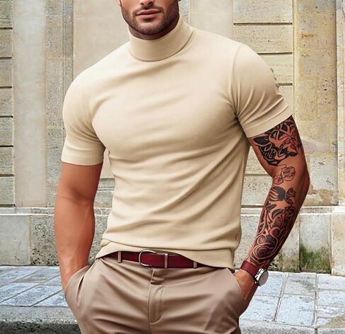 Men's Fashion Mock Turtleneck T Shirt Lightweight Short Sleeve Basic Undershirt Tops Pullover Solid Tee in Saudi Arabia