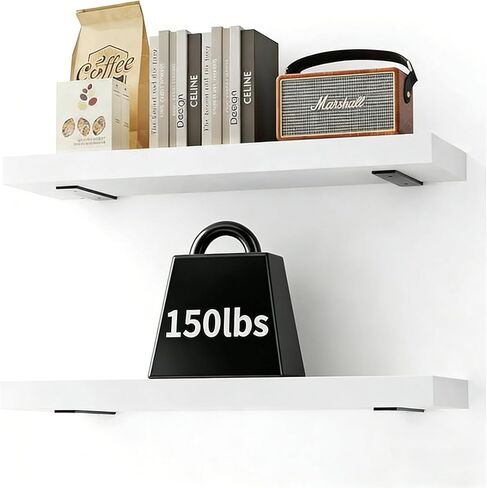 Solid Wood Floating Shelves 24'' Long, 8'' Deep Wall Mounted Shelves with Heavy Duty Brackets, Max Load 150 lbs, Wall Shelves for Bathroom Kitchen Living Room, 24 x 8 x 1.6 in, Walnut, Set of 2 in Kuwait