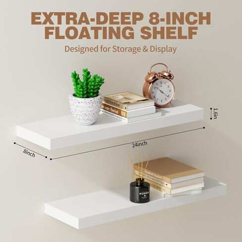 Solid Wood Floating Shelves 24'' Long, 8'' Deep Wall Mounted Shelves with Heavy Duty Brackets, Max Load 150 lbs, Wall Shelves for Bathroom Kitchen Living Room, 24 x 8 x 1.6 in, Walnut, Set of 2 in Kuwait